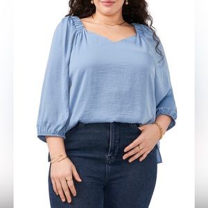 NWT Vince Camuto Light Blue 3/4 Puff Sleeve Elastic Shoulder Rumple Blouse